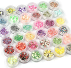 SEVENWELL 3D Tiny Fruit Flower Leaves Slice Charms front view of thirty-six colorful craft containers.