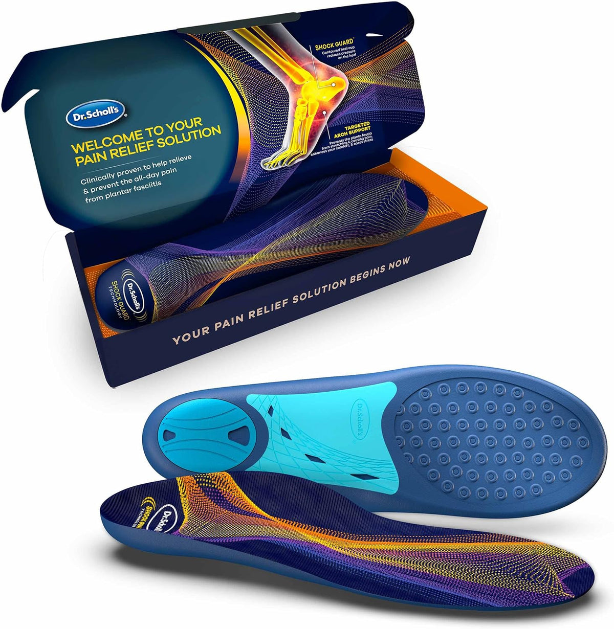 Dr. Scholl's Plantar Fasciitis Orthotic Insoles front view showing blue 3D arch support.