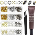 YAEISM punk nail charms kit containing three colors of gothic metal studs and application tools from front view.