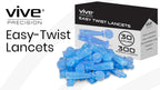 Complete set of Vive Precision 30 gauge single use lancets arranged alongside a glucose monitoring setup