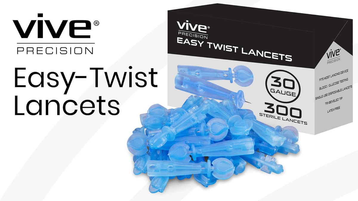 Complete set of Vive Precision 30 gauge single use lancets arranged alongside a glucose monitoring setup