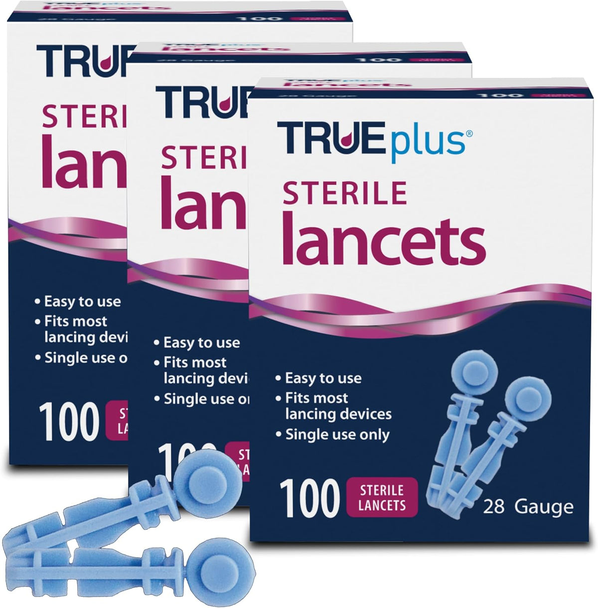 TRUEplus Single Use Safety Lancets Bundle front view of boxes showing 300 count packaging