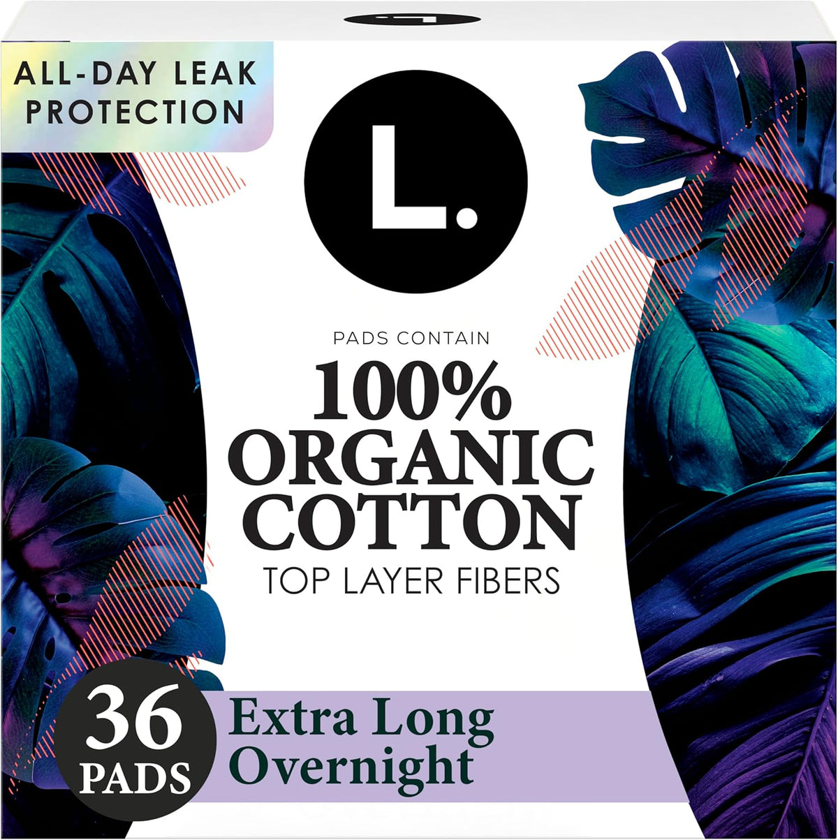 L. Ultra Thin Pads front view of 36 count box showing organic cotton top layer.