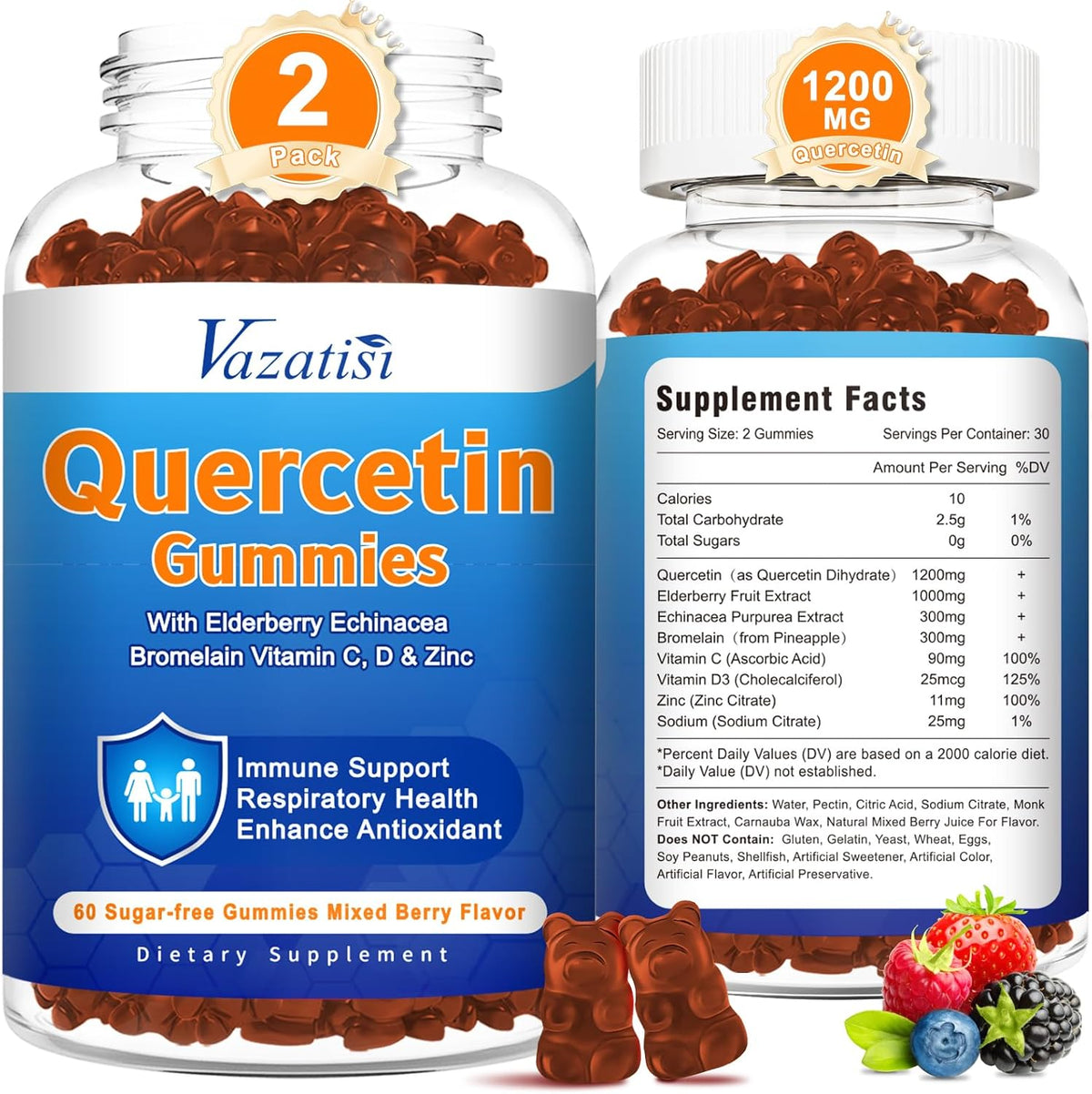 Vazatisi Quercetin with Bromelain Gummies front view of the two pack packaging for immune support.