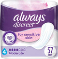 Always Discreet Incontinence Pads 57 Count packaging front view showcasing sensitive skin moderate absorbency labels