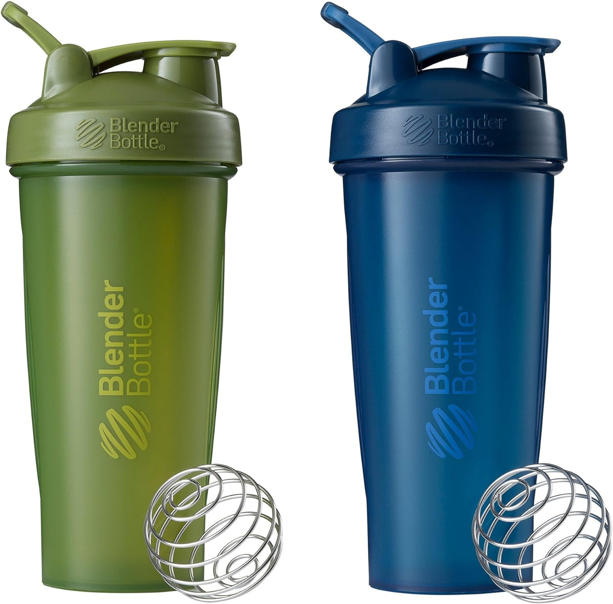BlenderBottle Classic Shaker Bottle 2 pack in moss and navy with stainless steel BlenderBall whisk