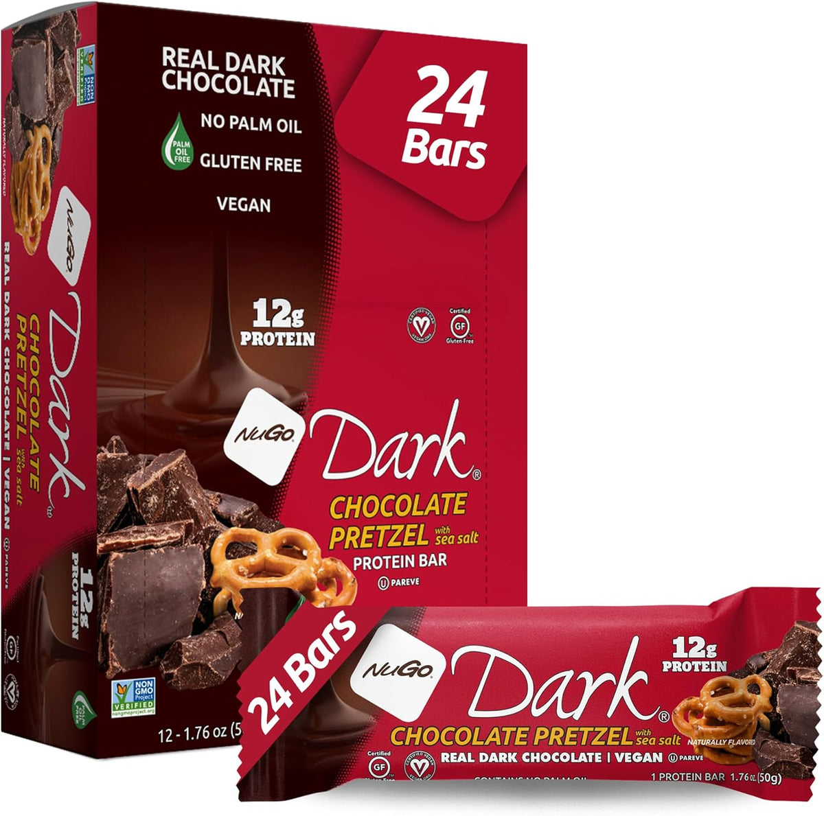 NuGo Dark Chocolate Pretzel and Sea Salt, 12g Protein Bar, Vegan, Gluten Free, Non-GMO, Kosher Pareve, 24 Count - Image 1