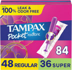 Tampax Compact Radiant Tampons 84 count multipack front view showing regular and super absorbency.