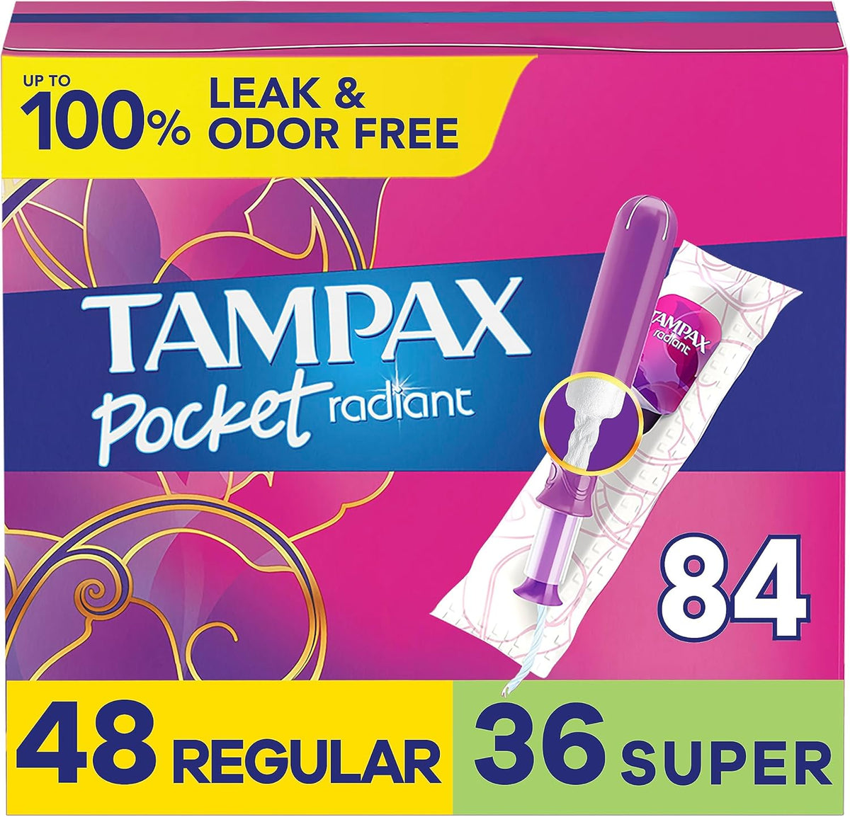 Tampax Compact Radiant Tampons 84 count multipack front view showing regular and super absorbency.