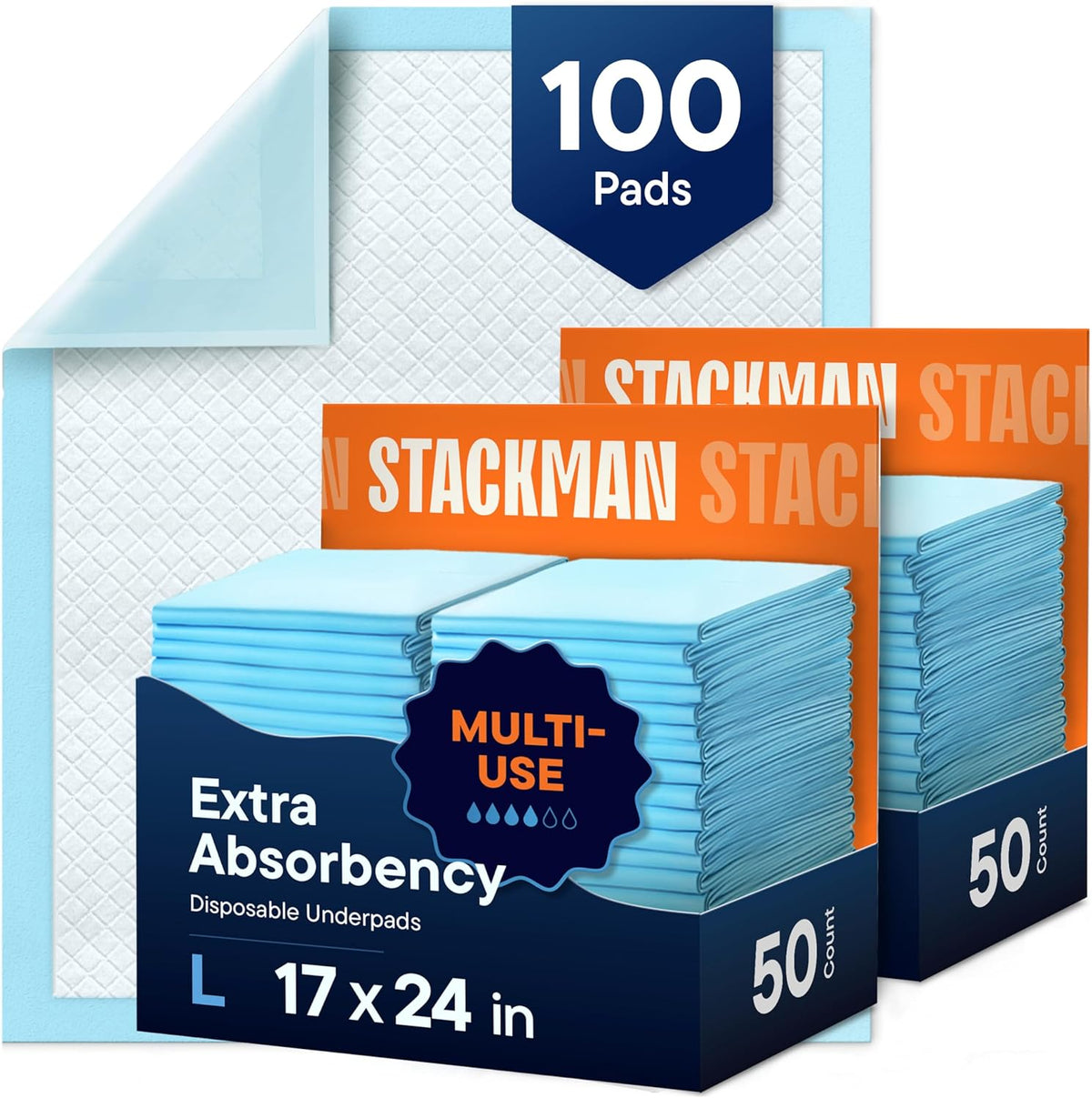 Stack Man Chucks Pads Disposable Underpads 100 pack front view packaging