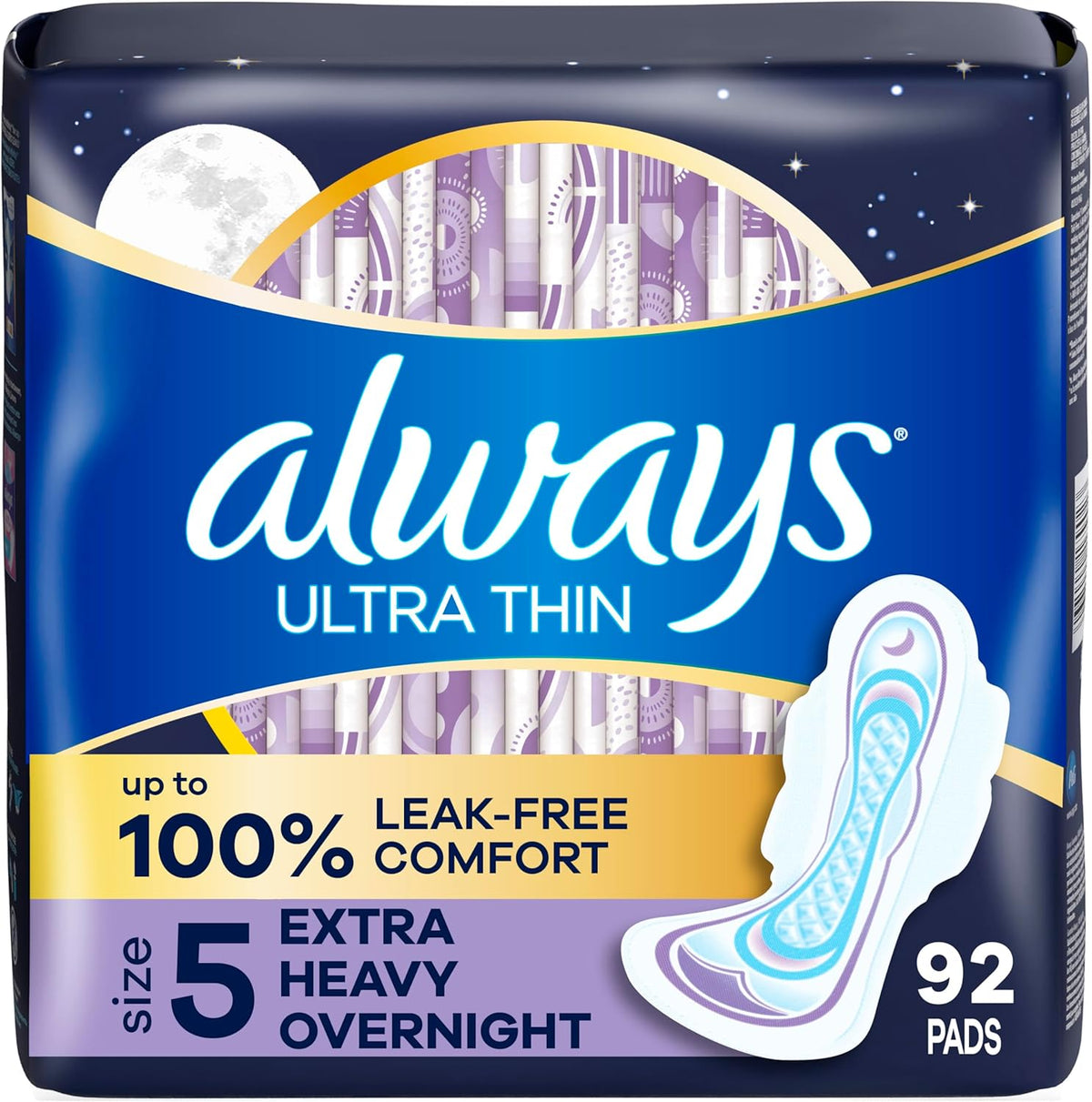 Always Ultra Thin Size 5 Extra Heavy Overnight Pads 92 count front view packaging