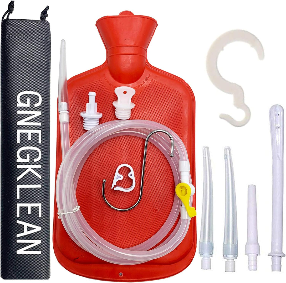 GNEGKLEAN Coffee Enema Bag Kit front view showing the 2 liter red bag and stainless steel hook.