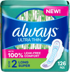 Always Ultra Thin Pads Size 2 Long Super front packaging showing 126 count.