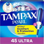 Tampax Pearl Ultra Absorbency Tampons front view 45 count box