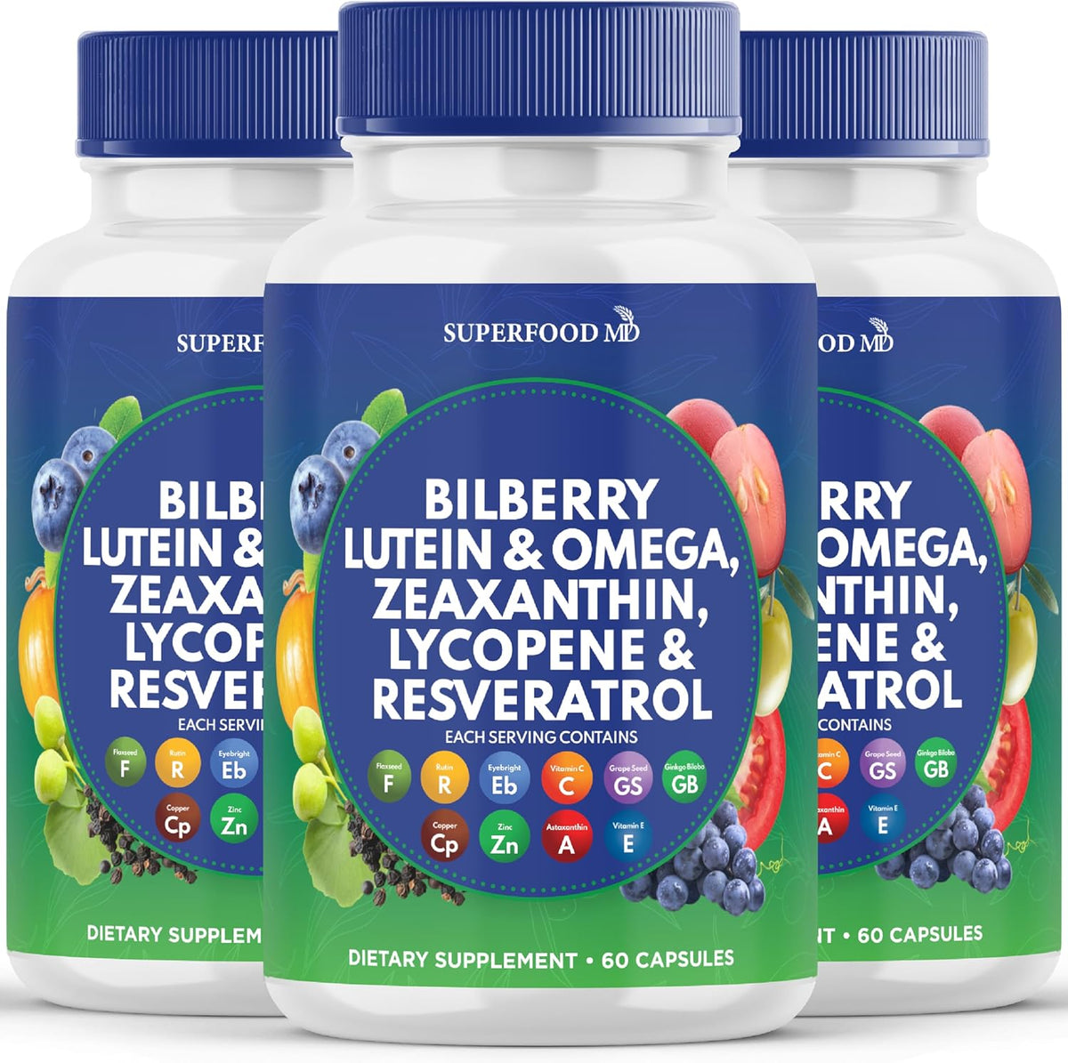 Superfood MD Eye Health Vitamins 180 capsules bottle front view showing premium AREDS 2 formulation.