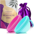EcoBlossom Reusable Menstrual Disc set front view with purple storage pouch.