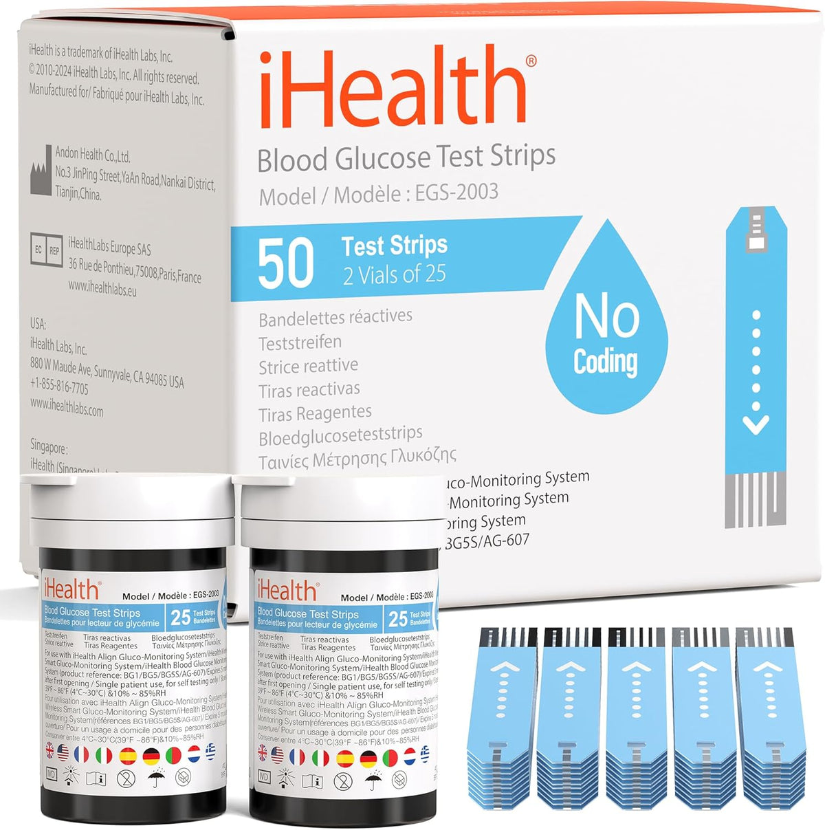 iHealth blood glucose test strips fifty count box front view for diabetic tracking