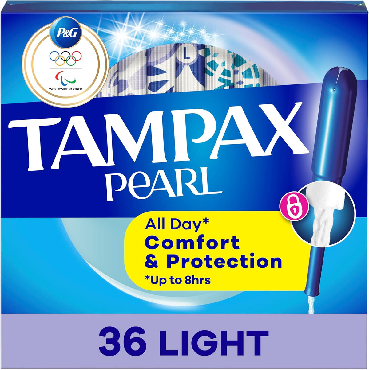 Tampax Pearl Light Absorbency Tampons 36 count box front view