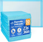 Medline light absorbency disposable underpads front view packaging showcasing fifty count protective bed sheets.