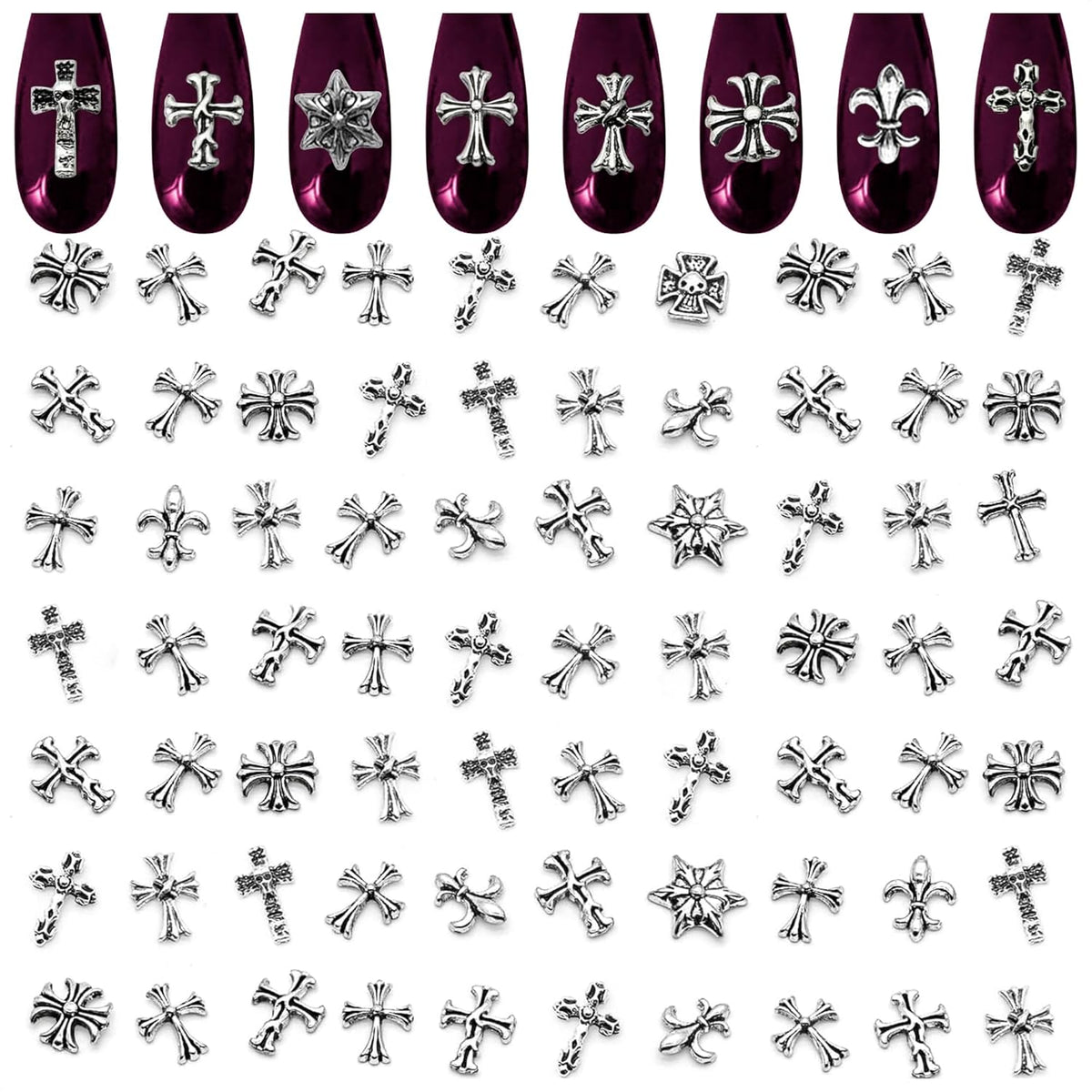 Zoklu 3D cross nail charms package front view showcasing assorted silver gothic styles for manicure decorations.