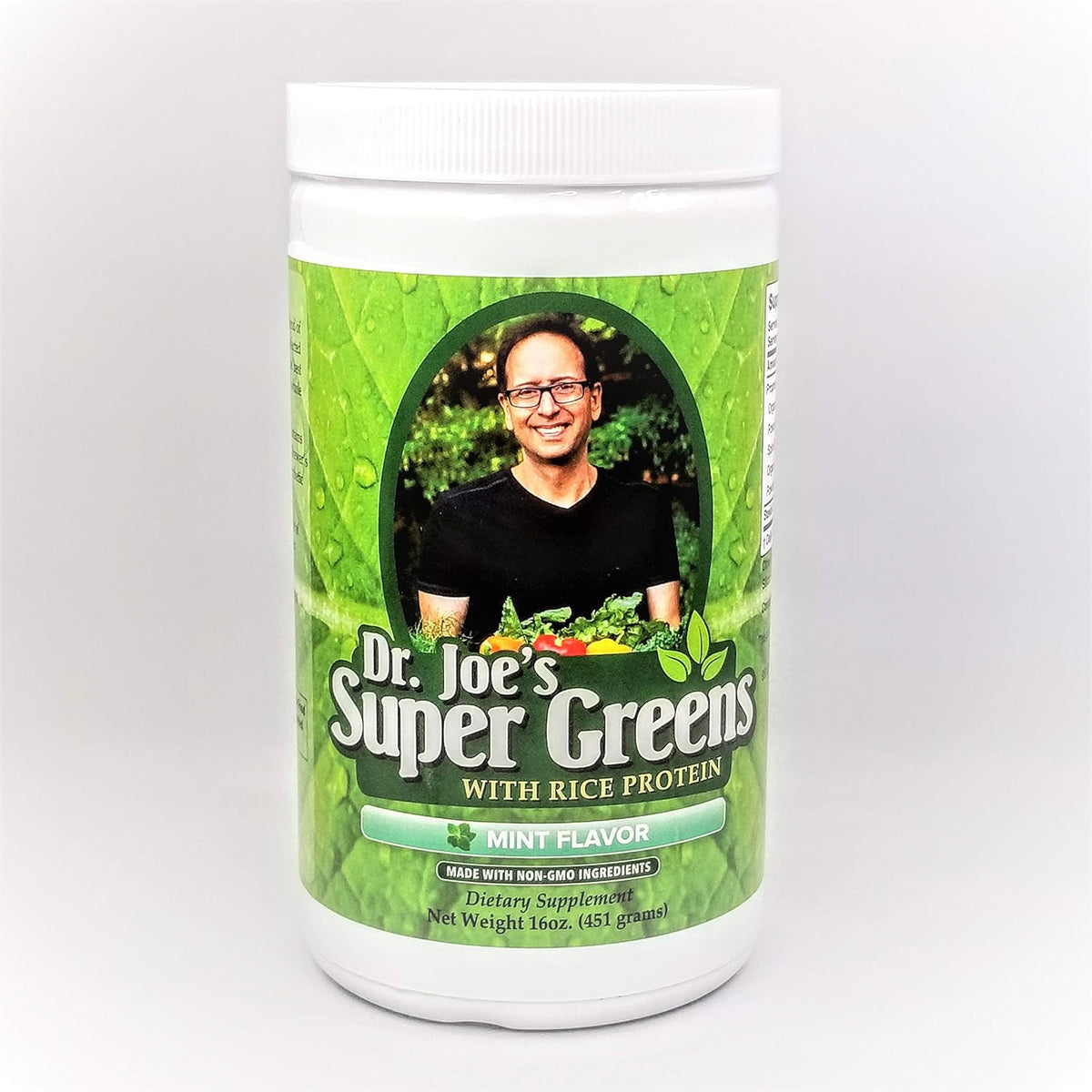 Dr. Joe's Super Greens Mint Flavor canister front view organic vegan supplement