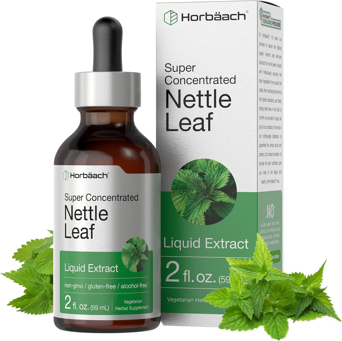 Horbäach Nettle Leaf Extract Drops front view bottle showing alcohol free vegetarian liquid supplement label