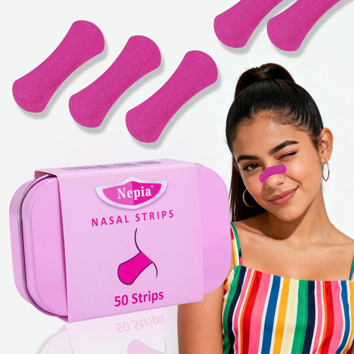 Nepia Extra-Strength Nasal Strips 50 Pack front view showing rose red color