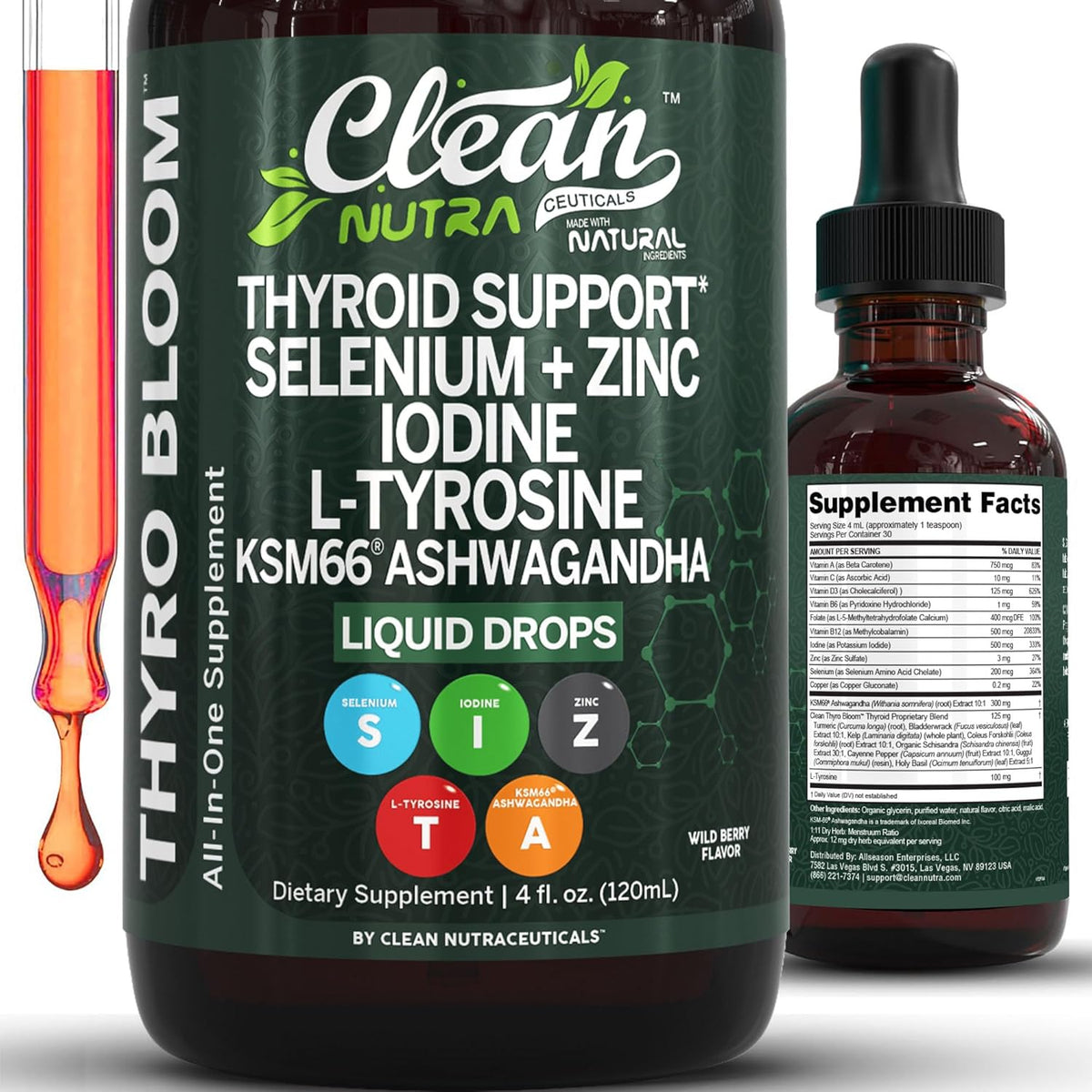 clean nutra thyroid support liquid drops with ksm-66 aashwagandha root powder