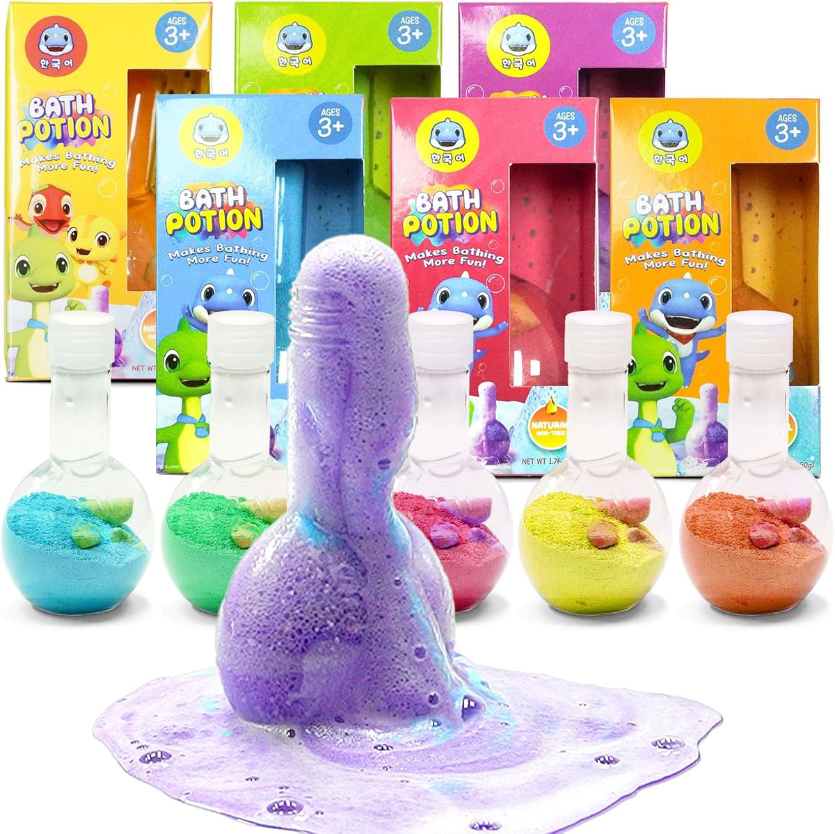 SWCANDY kids bath bomb potion six pack front view showcasing colorful flask bottles.