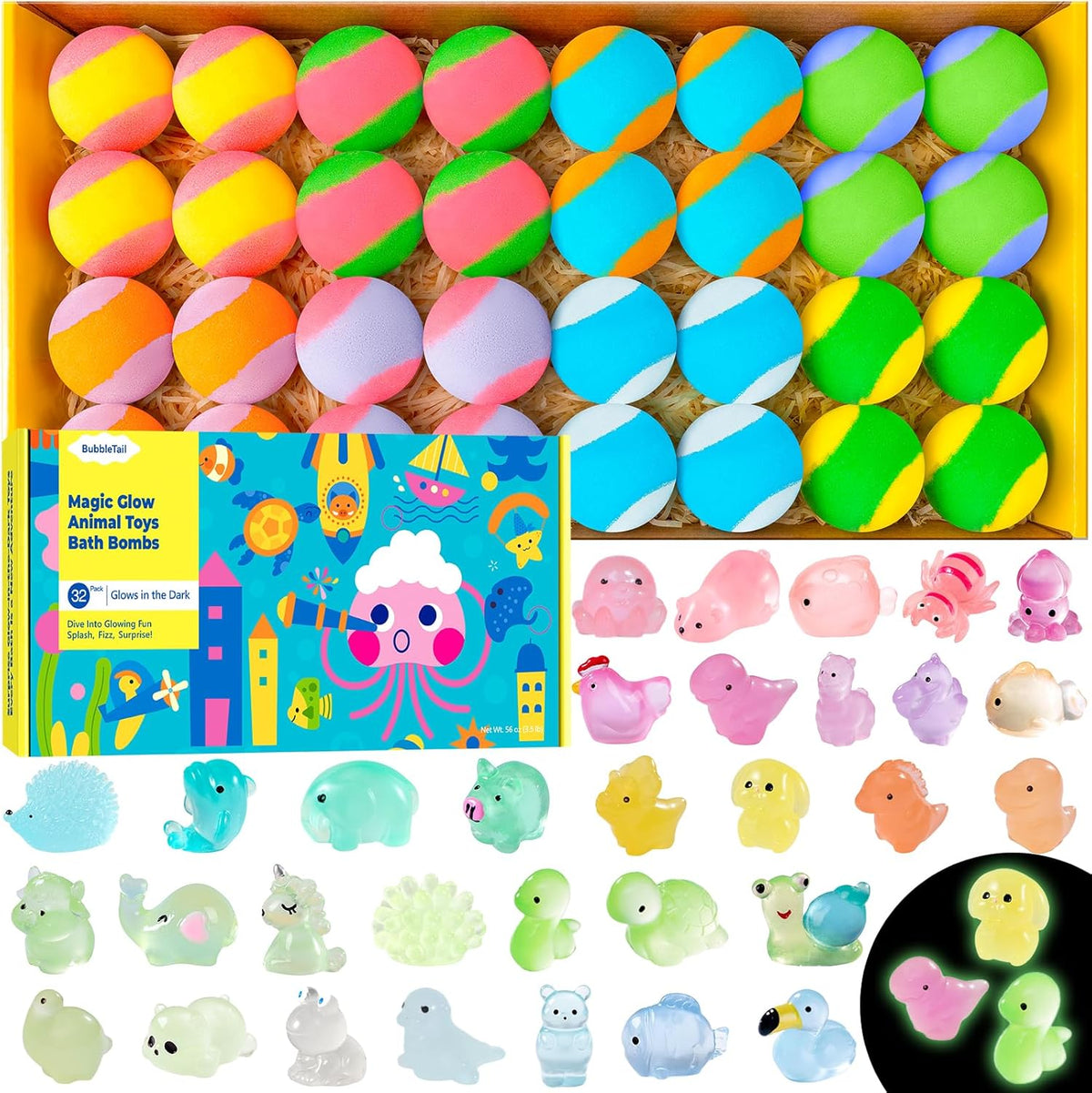 Bubbletail kids bath bombs front view showing thirty-two pieces of colorful individually wrapped fizzy balls
