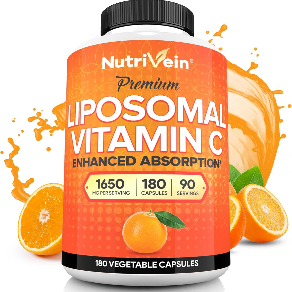 Nutrivein Premium Liposomal Vitamin C 1650mg 180 capsules front view bottle showing high absorption immune support formula