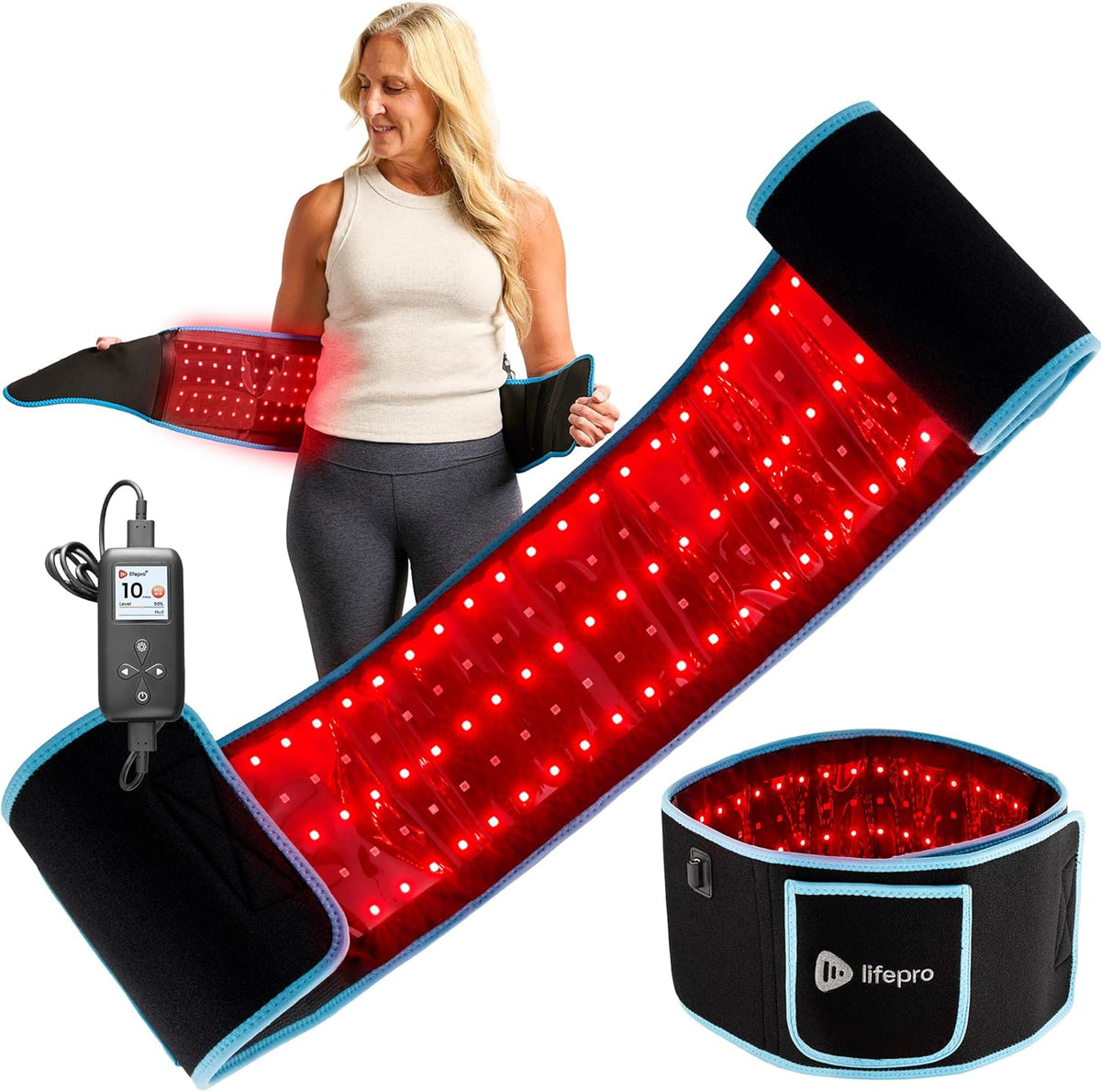 LifePro Allevared red light therapy belt front view displaying active red LED grid for back pain management.