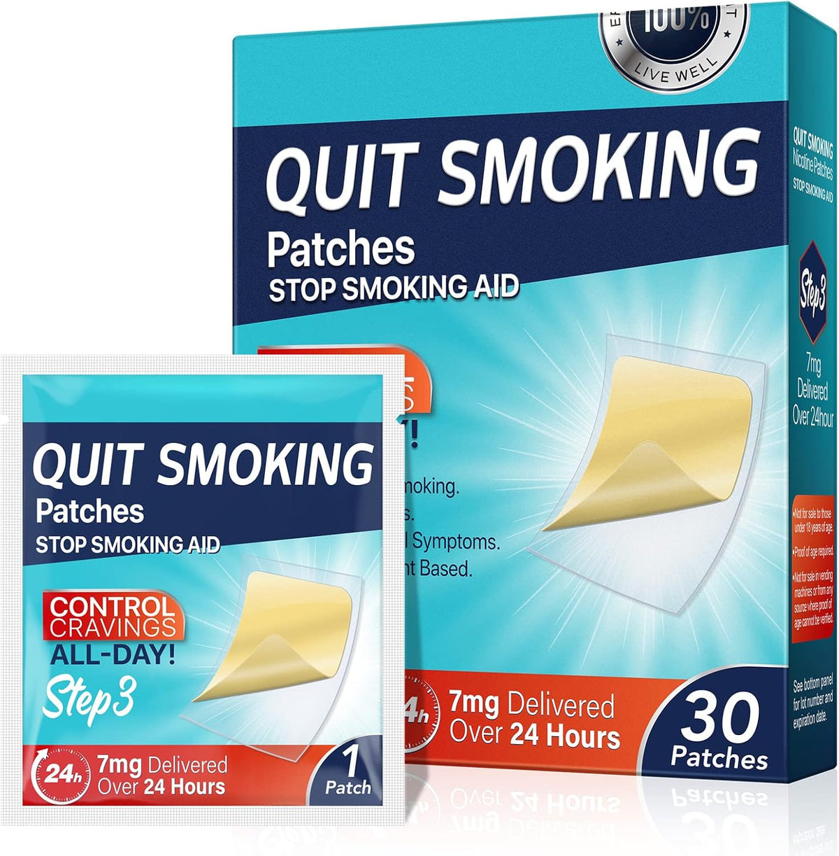 Vortexonix Step 3 Quit Smoking Patches 30 count box front view for nicotine replacement.