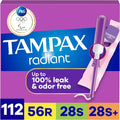 Tampax Radiant Tampons 112 count multipack front view for leak protection.