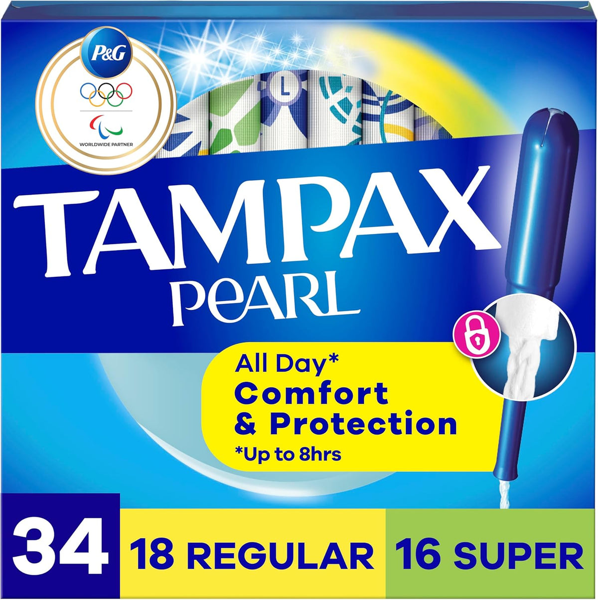 Tampax Pearl Tampons Multipack front view showing 34 count box