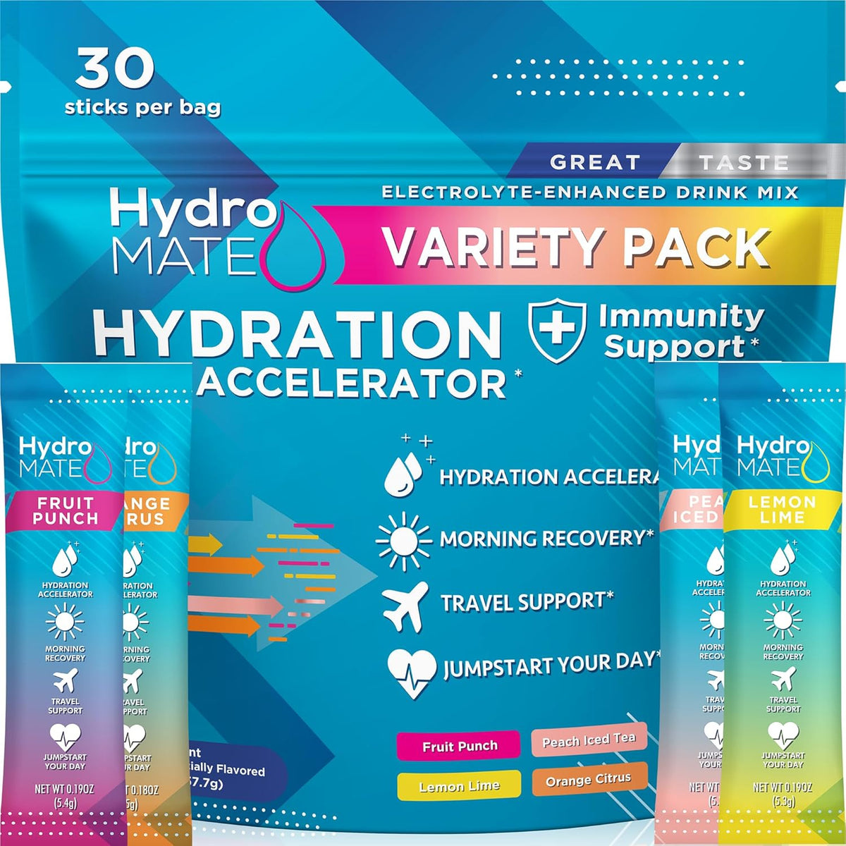 NatureWorks hydroMATE electrolyte powder variety pack front view for rapid hydration.