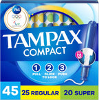 Tampax Compact Pearl Tampons Multipack front view showing 45 count box.