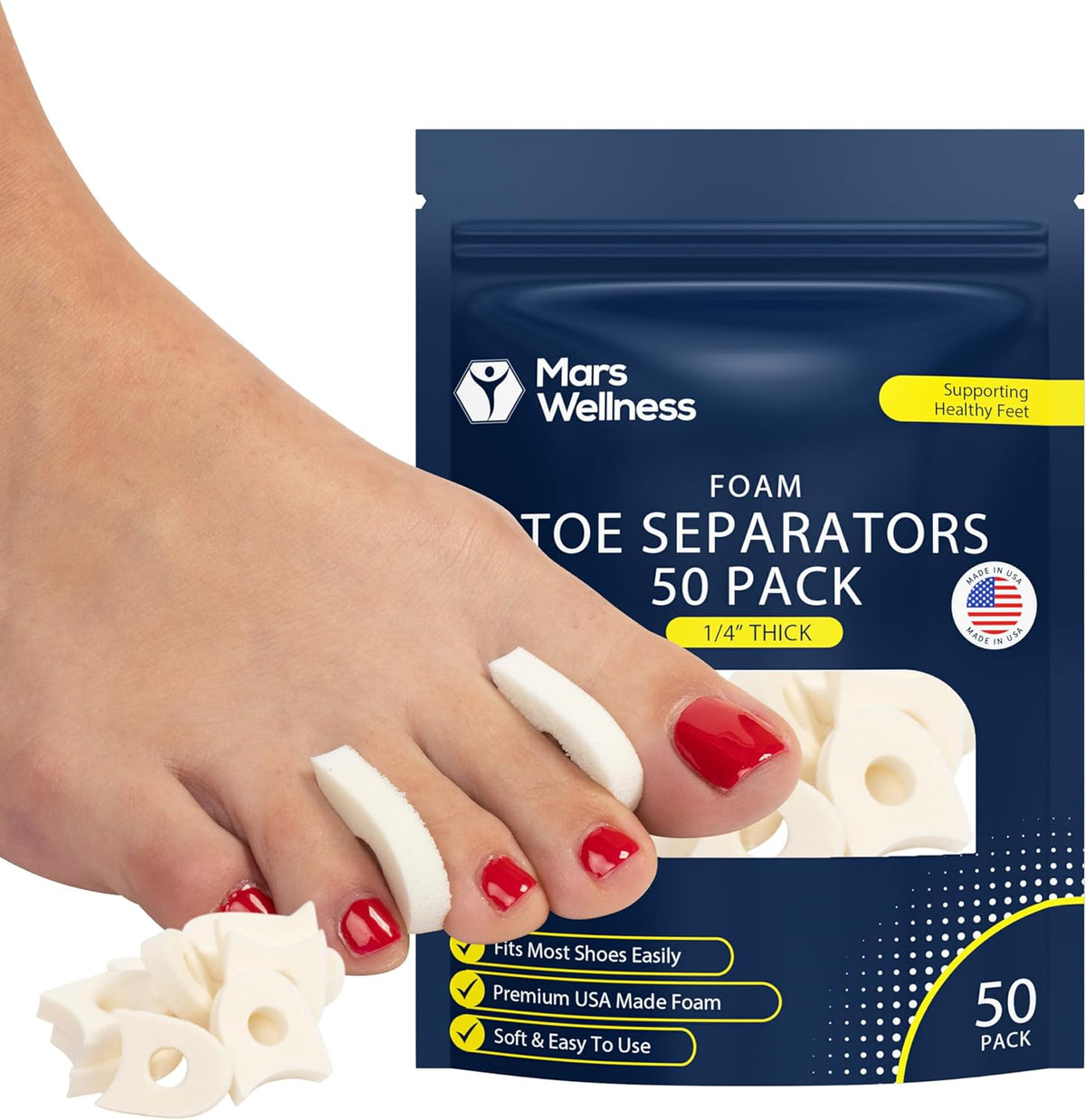 Mars Wellness premium foam toe separators 50 pack front view