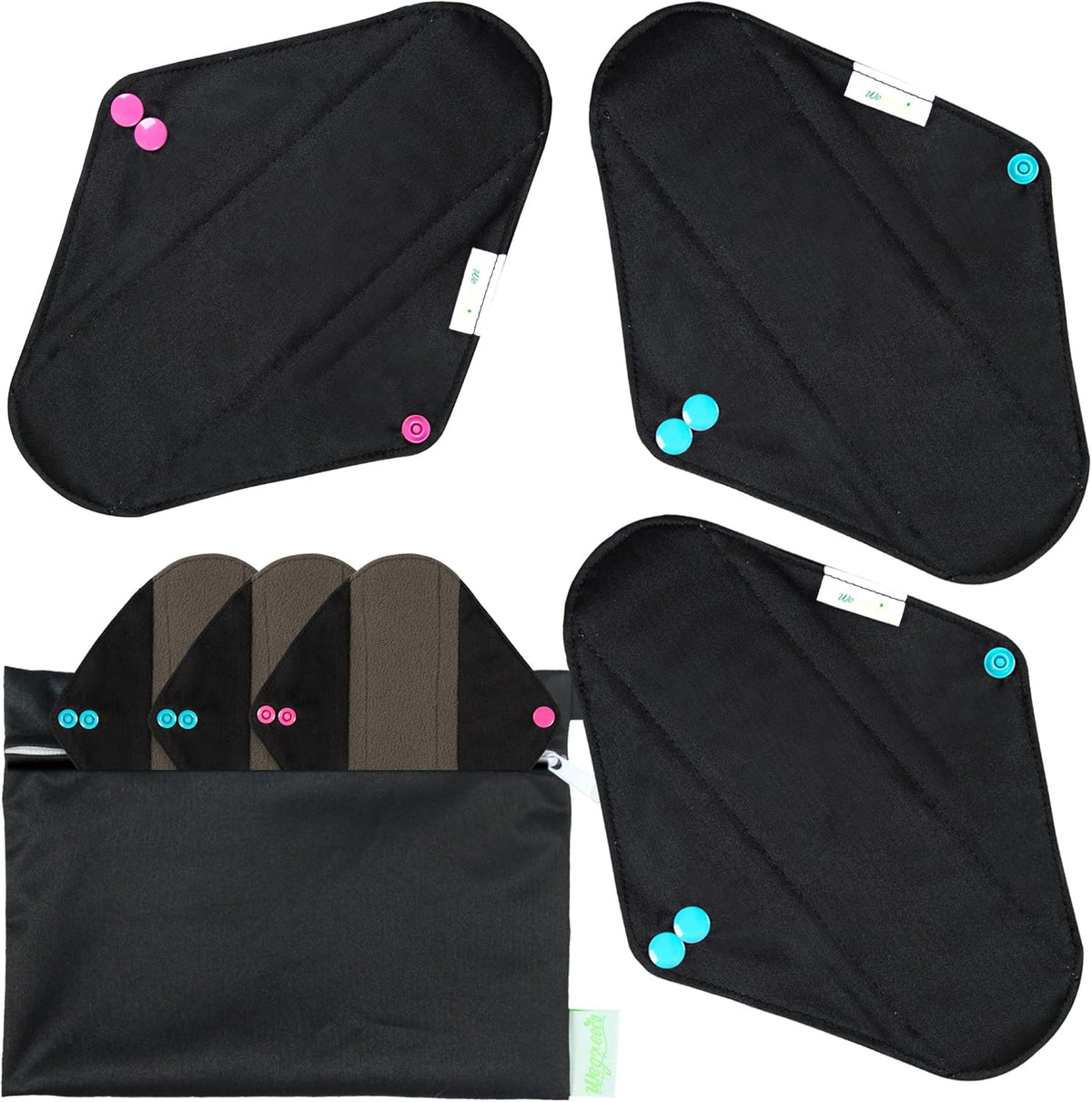 Wegreeco Charcoal Reusable Menstrual Pads front view set of six black pads.