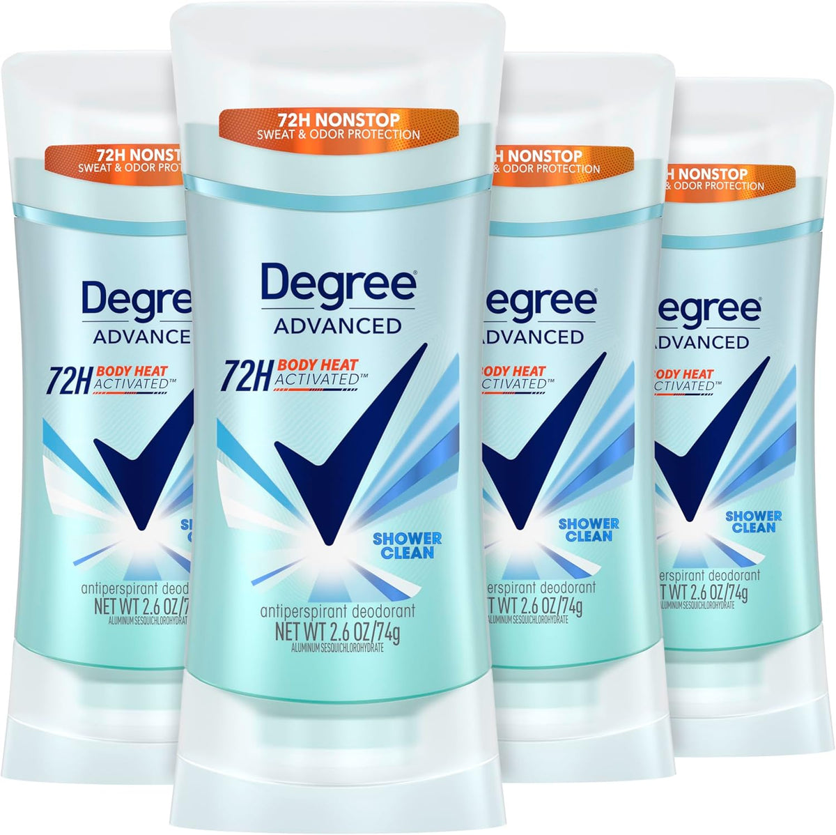 Degree Advanced Antiperspirant Deodorant Shower Clean four pack front view for sweat control