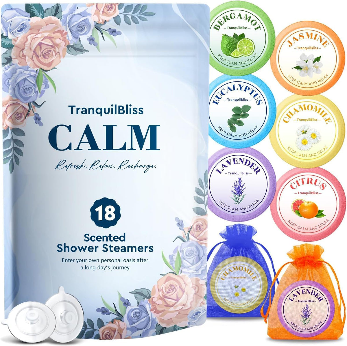 TranquilBliss Shower Steamers 18 Pieces box packaging front view showing aromatherapy variety selection.