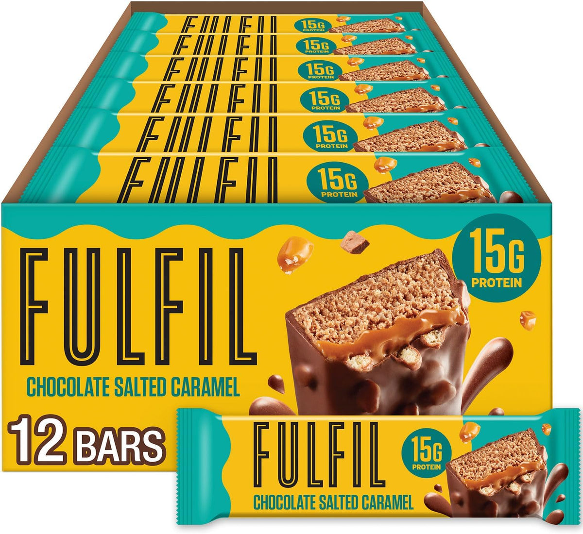 FULFIL Protein Snack Bars, Chocolate Salted Caramel Flavored, Gluten Free with 15g Protein, Pantry Staples, 12 Count - Image 1