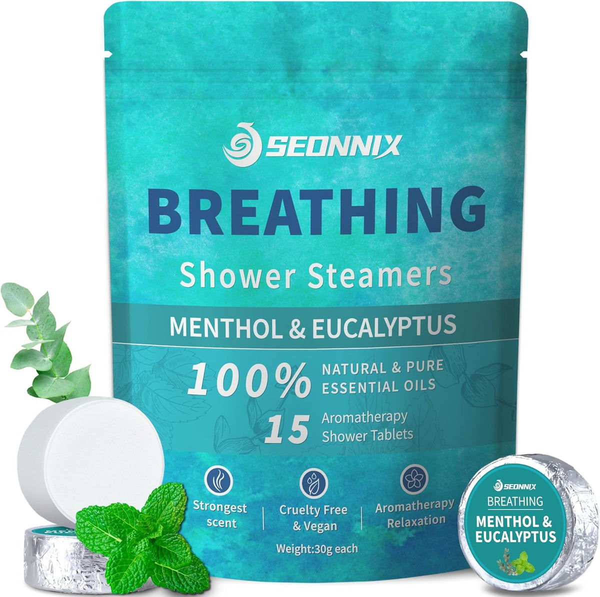 Seonnix Aromatherapy Shower Steamers 15 Pack front view packaging showcasing menthol and eucalyptus ingredients.