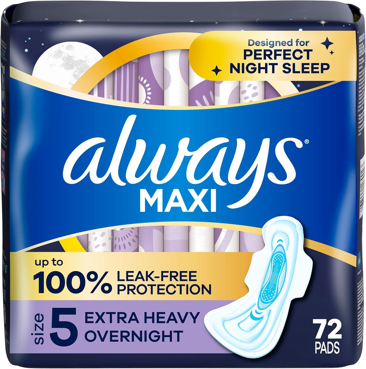 Always Maxi Overnight Pads Size 5 front view packaging for extra heavy flow.