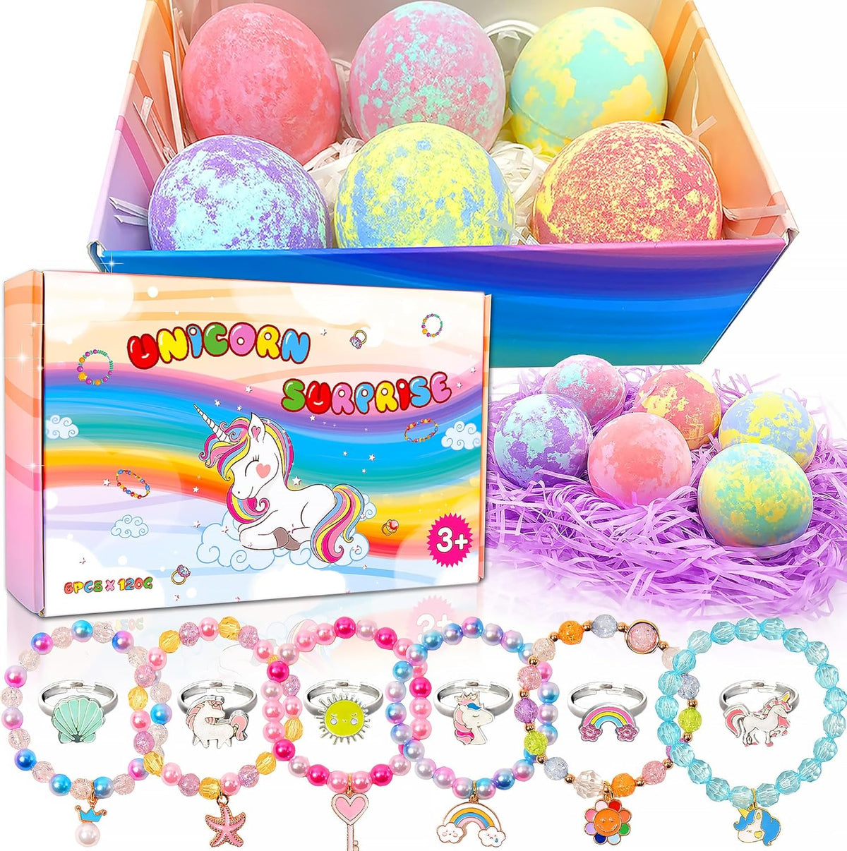 MADO Unicorn Bath Bombs front view packaging showing colorful kids gift set box.