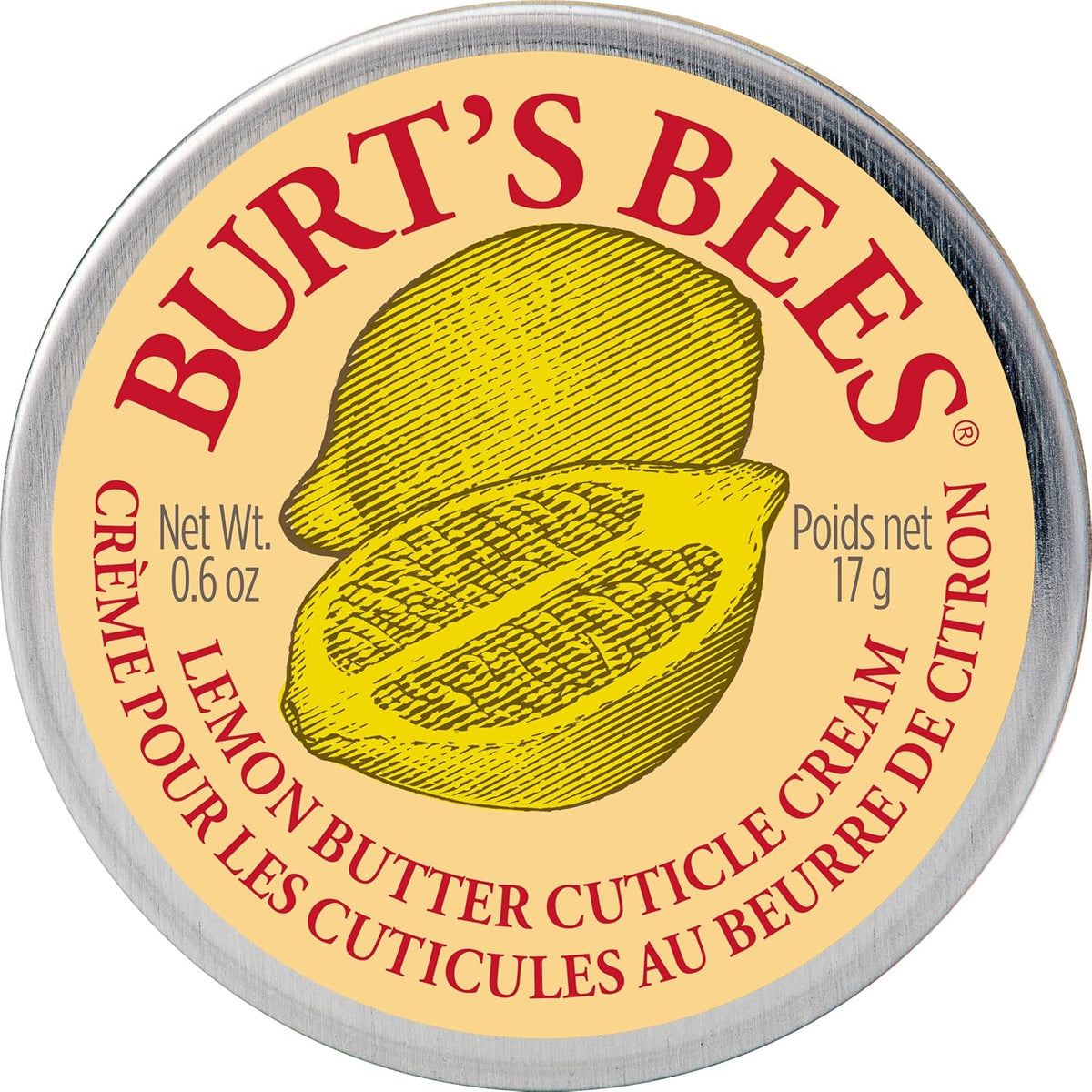 Burt's Bees Lemon Butter Cuticle Cream front view of the circular yellow tin showcasing the classic natural packaging.