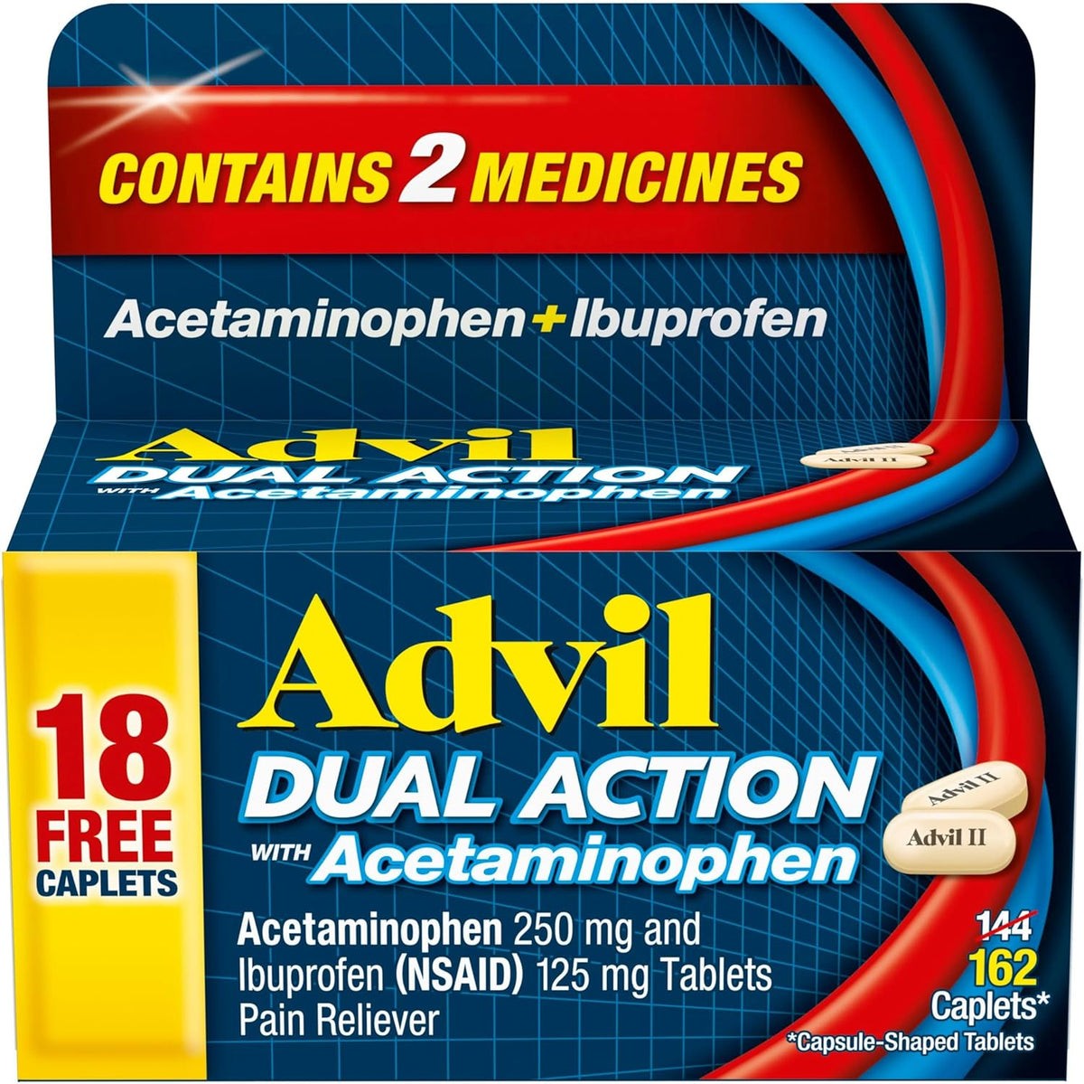 Advil Dual Action Coated Caplets front view packaging for pain relief
