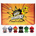 Cosmetics Stories Superhero Bath Bombs front view showing premium six pack box packaging with colorful comic character illustrations