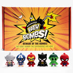 Cosmetics Stories Superhero Bath Bombs front view showing premium six pack box packaging with colorful comic character illustrations