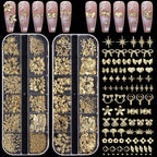Cynailli 3D gold nail charms assortment in clear organizer boxes front view